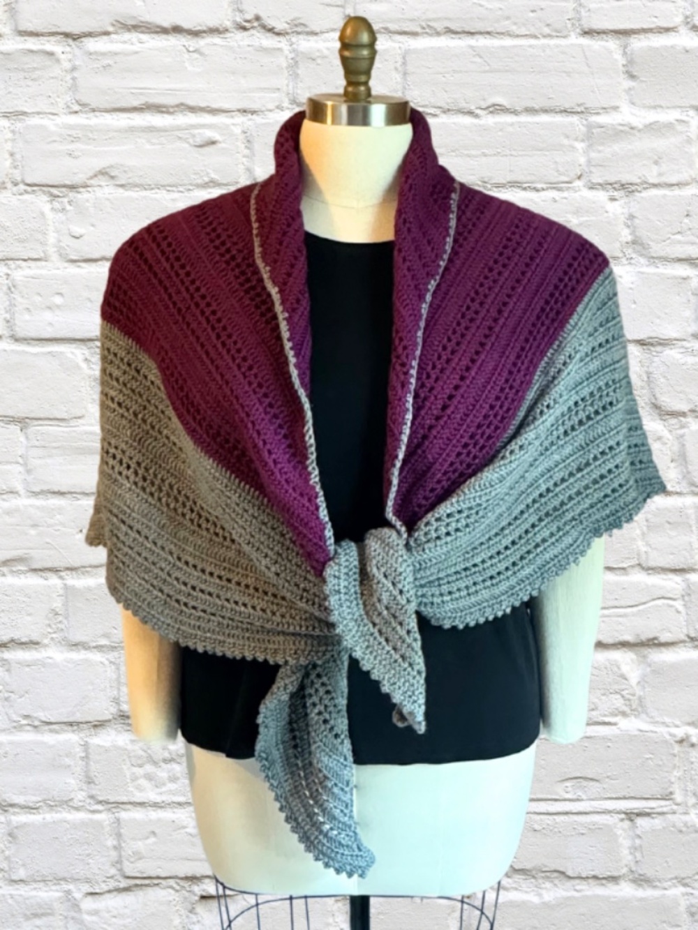 One-of-a-Kind Handmade Crocheted Shawl/Wrap in a Rich Plum and Grey.